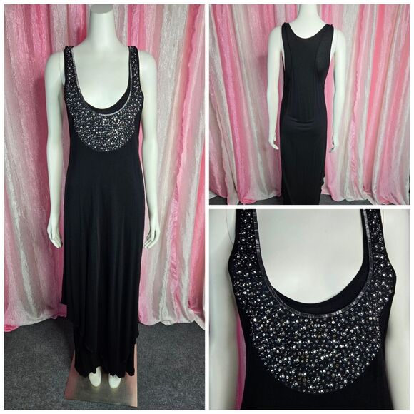 Kensie Black Beaded Studded Maxi Stretch Tank Dress Size Medium - Picture 1 of 16